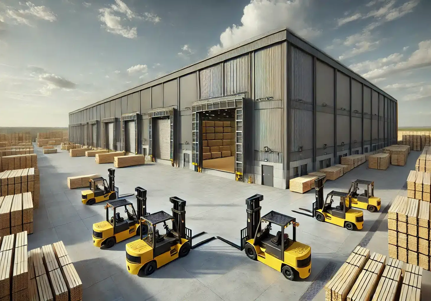 DALL·E 2025-03-05 10.22.45 - A highly realistic wide-angle view of a large warehouse exterior with an adjacent outdoor lumber yard. The warehouse has a modern industrial design wi